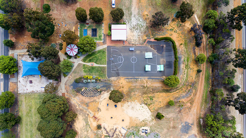 Aerial view of Darkan skatepark, taken by drone, by Caro Telfer.