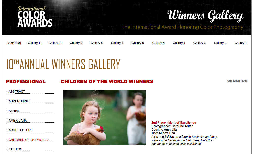 Screenshot of International Colour Awards website showing Alice's Hen, photo by Caro Telfer