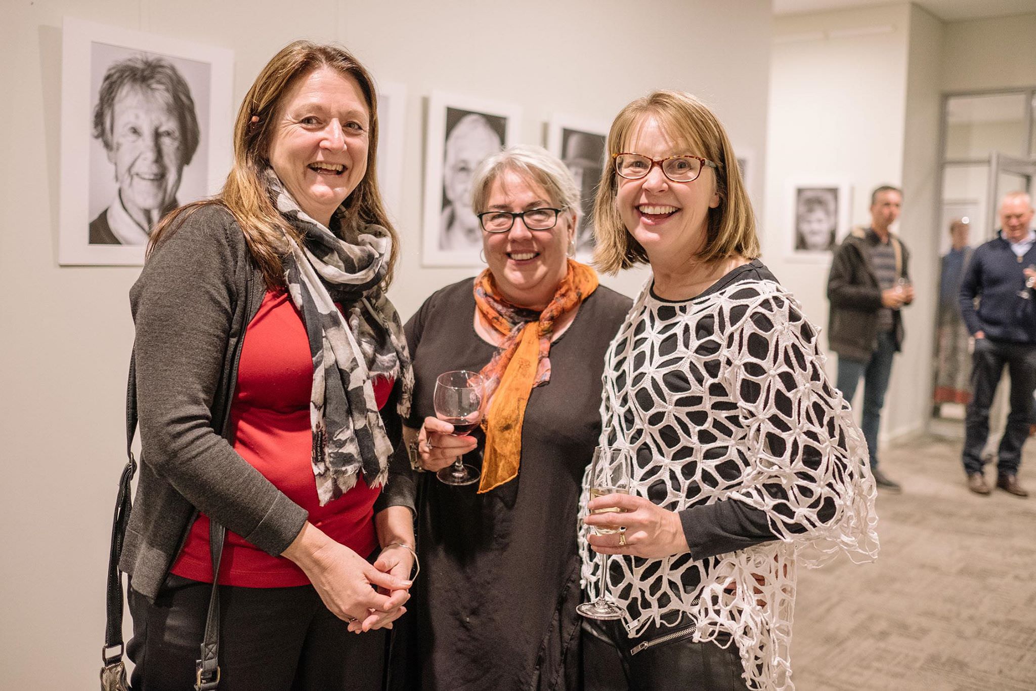 Nicole Wasmann, Caro Telfer, and Kerryn Chia at the Faces of West Arthur exhibition in Darkan