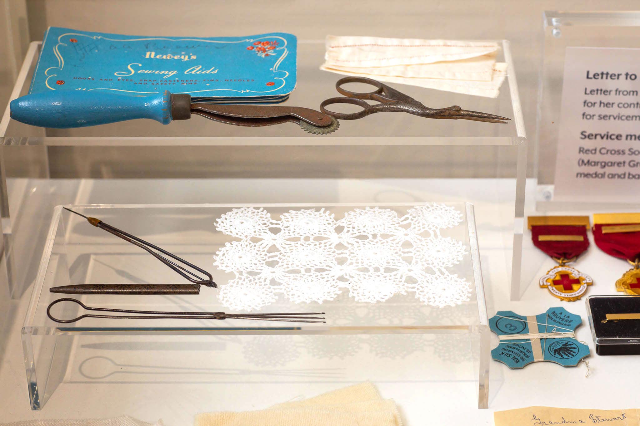 sewing accessories and fine crochet on display in Betty Brown Historical Centre. Photo by Caro Telfer